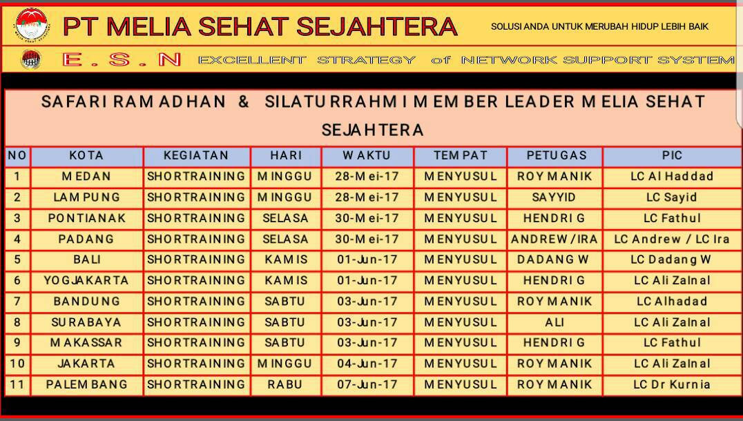 Jadwal Silaturrahmi Member Leader Melia Sehat Sejahtera Tahun 2017